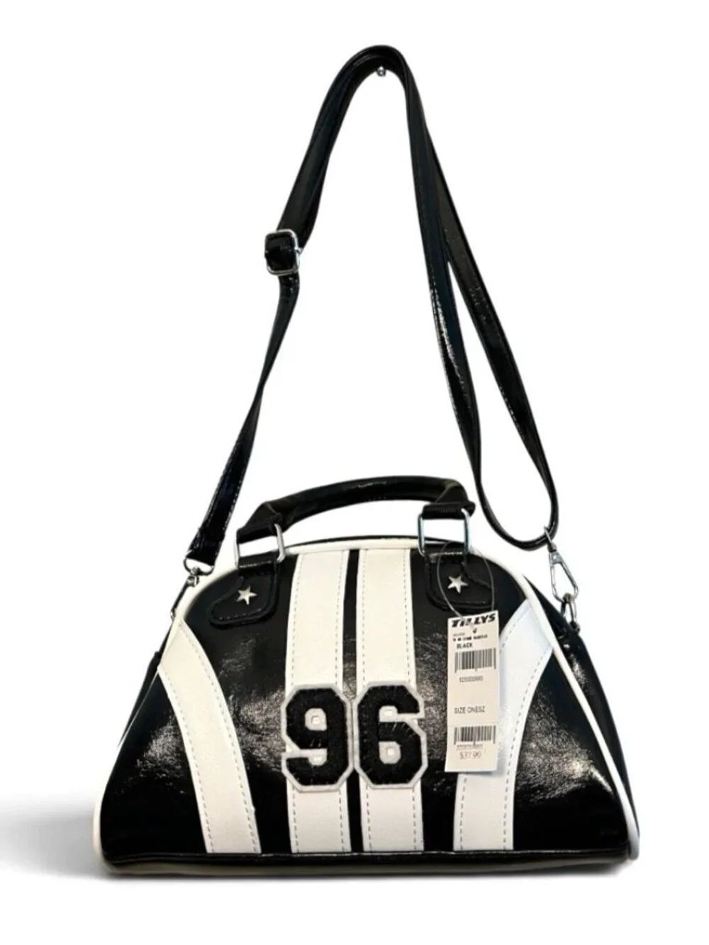 Black & White Striped Retro Bowling Bag Crossbody Purse 96 Applique NWT